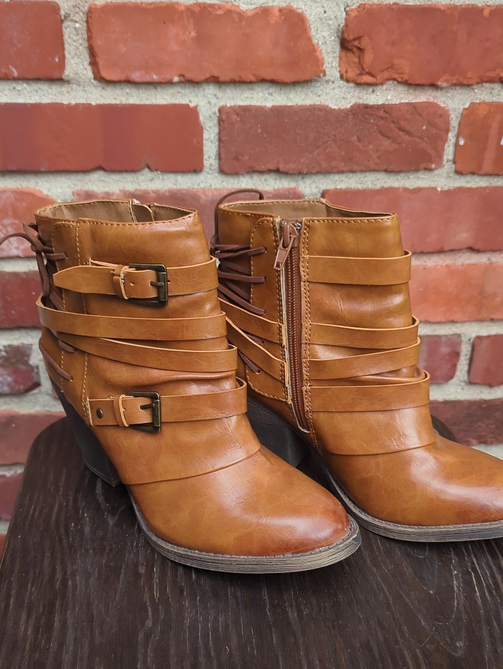Women's Cognac Strappy Buckle Ankle Booties